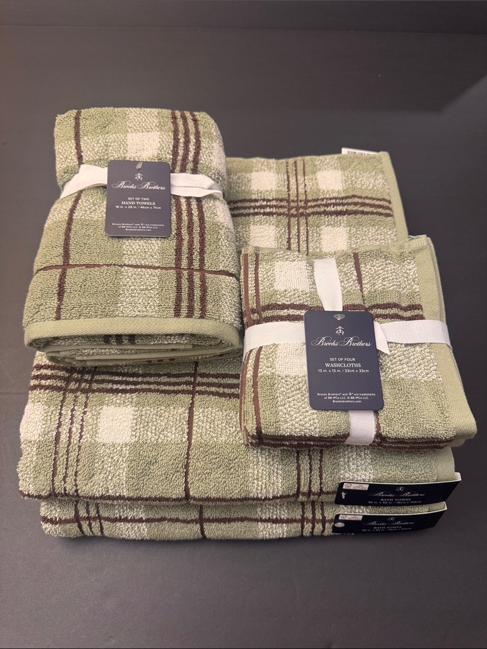 8pc BROOKS BROTHERS 100% Cotton Plaid Bath Towel Set - Sydney Plaid - Sage/Brown